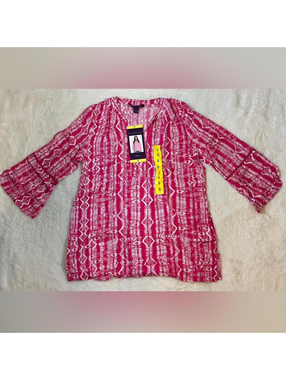 Gloria Vanderbilt Women’s Pink White Print Tunic Blouse Size Small NWT